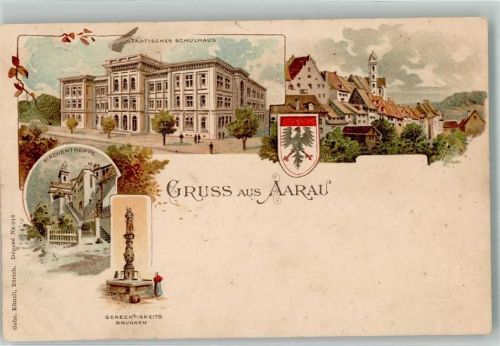 5000 Aarau Lithographie Denkmal Gerechtigkeitsbrunnen Schulhaus Kirche- Treppe