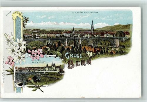 3000 Bern Berne Lithographie Bern mit der Kornhausbrücke Kirchenfeld vom Hotel Bellevue