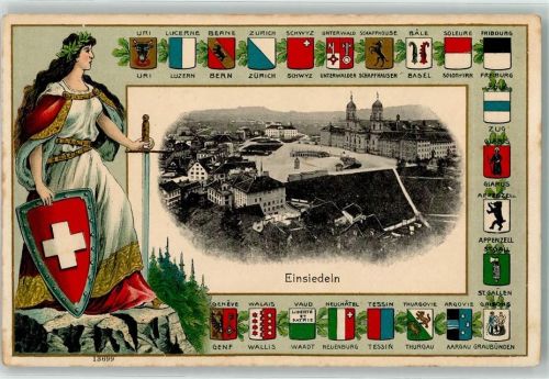 8840 Einsiedeln Prägedruck Wappen Helvetia Lithographie