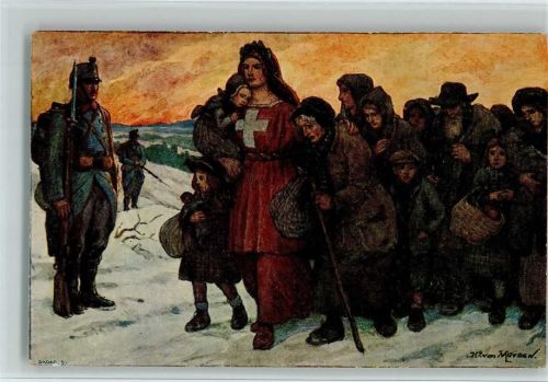 Ganzsache 1915 - Helvetia mit Flüchtlingen Bundesfeier Ganzsachen Schweiz Künstlerkarte