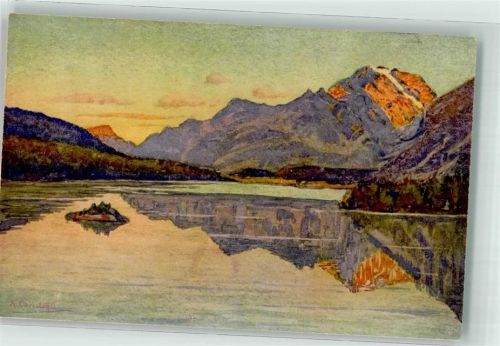 7516 Maloja Künstlerkarte sign. Christoffel Sonnenuntergang am See