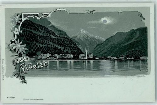 6454 Flüelen 1900 Lithographie / Mondschein