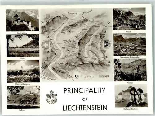 9490 Vaduz - Schloss Schaan Church at Bendern Balzers Triesenberg Malbun National Costume Tracht Wappen