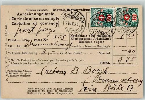 Bellelay Anrechnungskarte Mischfrankatur Phila Schweiz 1920 KEINE AK