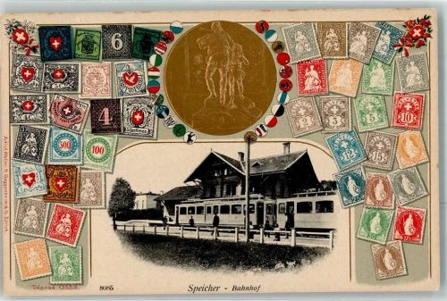 9042 Speicher Prägedruck Bahnhof Breifmarken Denkmal Tell Lithographie