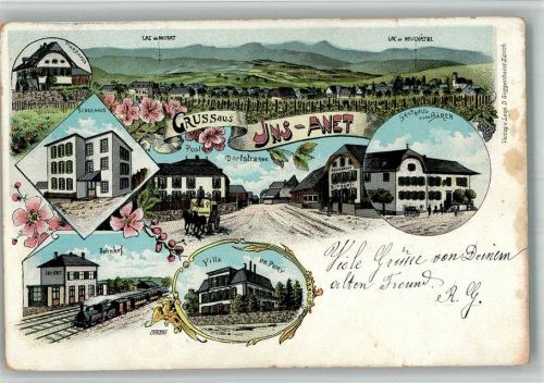 3232 Ins Anet 1906 BOAKC Bahnhof Gasthaus zum Bären Postamt Lithographie