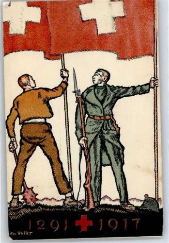 Fahnenträger , sign. Ed. Vallet Bundesfeier Ganzsachen Schweiz Künstlerkarte