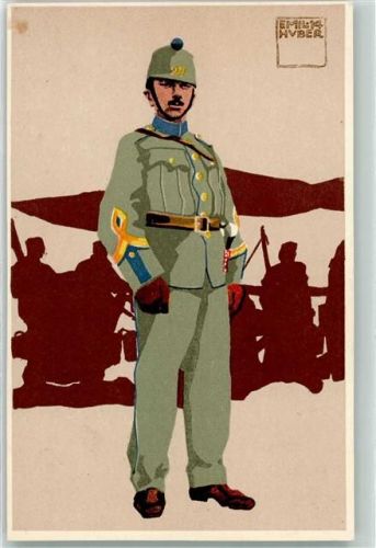 Künstlerkarte Felduniforn Neue Ordonnanz 9. Sanität Fourier sign. Emil Huber Ort lt. Verlag