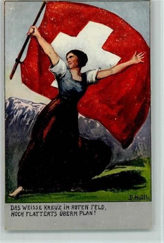 Künstlerkarte Das weisse Kreuz im roten Feld, Frau schwengt die Fahne, sign Hauth