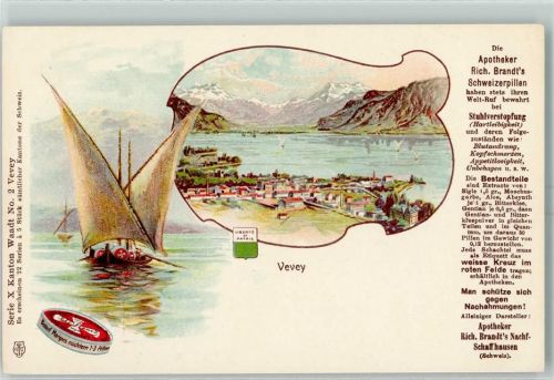 1800 Vevey Lithographie Segelboot Werbung Apotheker Ric. Brandts Schweizerpillen Serie X Kanton Waadt Nr. 2