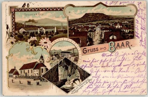 6340 Baar 1899 Lithographie Fabrik spinnerei Kath. Kirche Höhle
