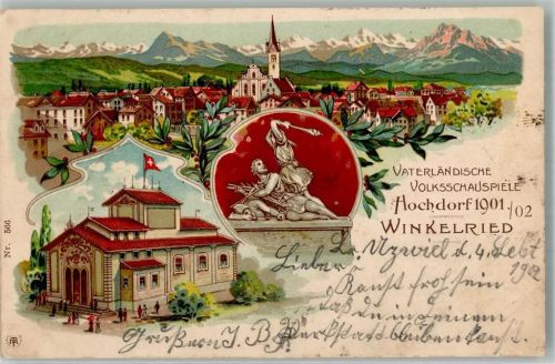 6280 Hochdorf 1902 Lithographie Denkmal Kirche Theater Winkelried 1901