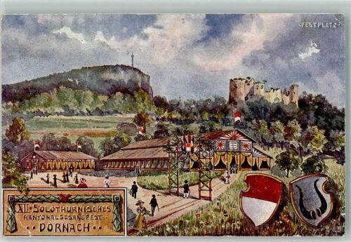 4143 Dornach 1907 Gebrauchsspuren Solothurnisches Kantonalgesangsfest Festplaz Burg Wappen