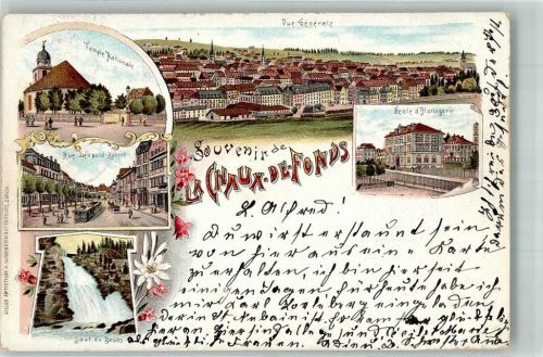 2300 La Chaux-de-Fonds 1897 Gebrauchsspuren Kirche Rue Leopold Robert Schule Lithographie