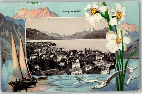 1800 Vevey Künstlerkarte Segelboote Möwe Narzisse