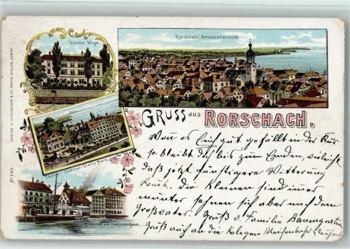 9400 Rorschach 1911 Lithographie Institut Wiget Töchter-Institut Stella Maris Bahnhof mit Hafeneinfahrt