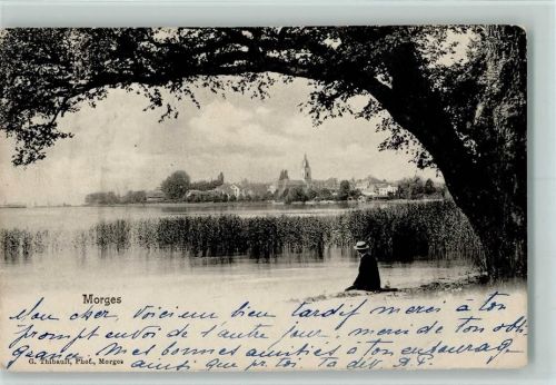 1110 Morges 1903 Gebrauchsspuren Teilansicht am See AK