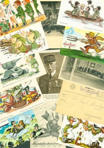 Lot mit 46 AK und 2 Fotos Humor Karikatur Portrait Gruppenbild Feldpost Militär Schweiz Posten 21 bis 100 AK