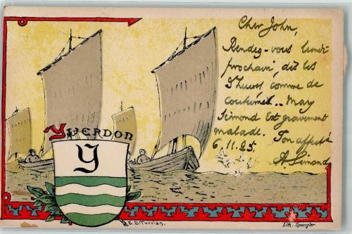 1400 Yverdon-les-Bains Gebrauchsspuren Segelboote Wappen sign E. D. Turrian Künstlerkarte