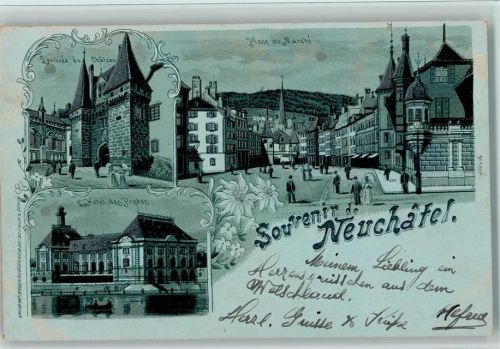 2000 Neuchâtel Neuenburg 1900 Lithographie / Mondschein Silberdruck - Gruss aus - Hotel des Postes , Atelier Guggenheim 1334