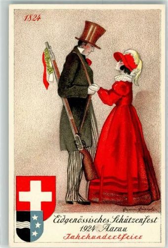5000 Aarau Künstlerkarte Eidgenössisches Schützenfest Jahrhundertfeier Wappen sign.