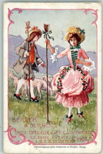1800 Vevey 1905 Lithographie / Künstlerkarte Tracht Weinfest