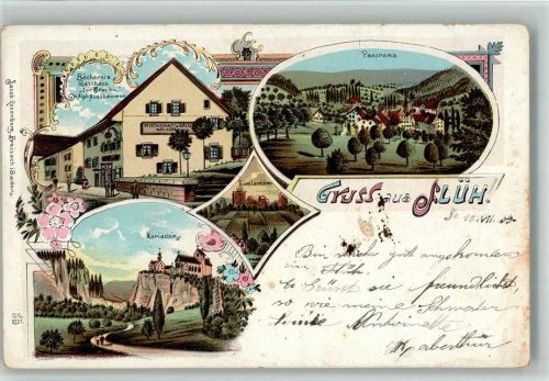 4112 Flüh 1903 BOAKC Bäckerei Gasthaus Zur Traube Mariastein Ruine Landskron Lithographie