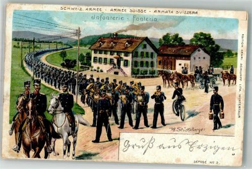 sign. Stückelberger Soldaten marschieren unter Begleitung einer Militärkapelle aus Künstlerkarte Militär Schweiz 1901 Gebrauchsspuren