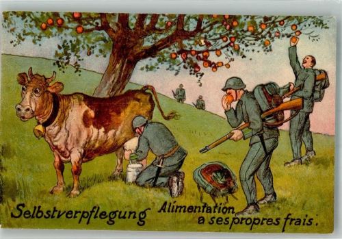 Soldaten melken zur Selbstverpflegung eine Kuh Humor Verlag Schönenberger No. 3 Militär Schweiz Künstlerkarte