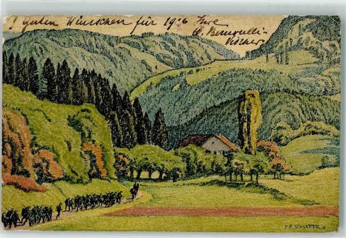 Fontenais Soldatenmarsch durch den Vallee du Jura sign. EE Schlatter Pro Juventute Schweiz Gebrauchsspuren