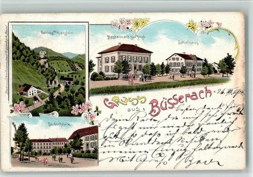 4227 Büsserach 1900 BOAKC Lithographie Schloss Thierstein Gasthaus Zur Post Schulhaus Seidenfabrik