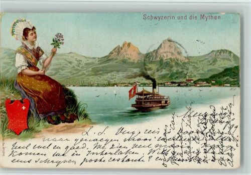 Schwyzerin und die Mythen - Verlag Künzli 5045 AK Tracht Schweiz 1899