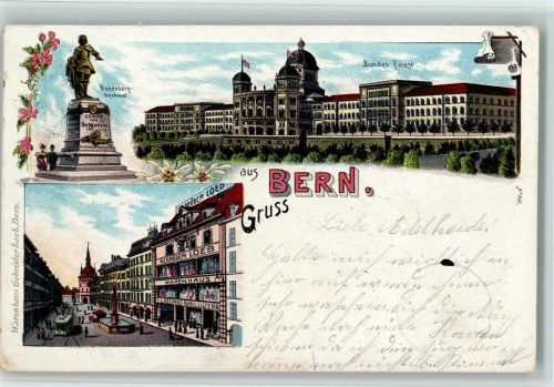 3000 Bern Berne 1899 Lithographie Bubenberg-Denkmal Bundes-Palast Warenhaus Gebrüder Loeb