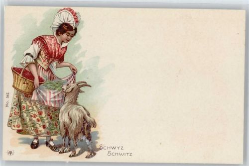 6430 Schwyz Lithographie Trachten , Ziege