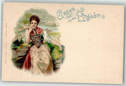 Lithographie Tracht Engadin Verlag Künzli Nr. 4413