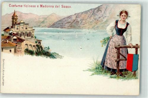 Madonna del Sasso Lithographie Costume ticinese e Madonna del Sasso Tracht Wappen