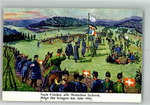 Bière Schweizer Soldaten schauen Franzosen und Deutschen bei Friedensverhandlungen zu Militär Schweiz 1916 Künstlerkarte