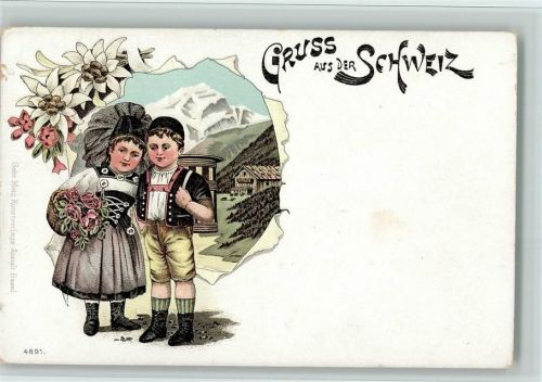 Gruss aus - Trachtenkinder, Küher - Verlag Gebr. Metz 4891 Tracht Schweiz 1900 Lithographie