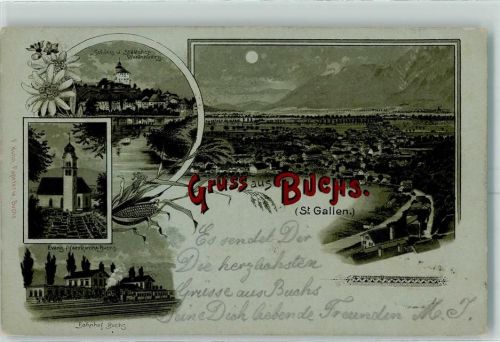 9470 Buchs SG 1899 Lithographie / Mondschein Schloss und Städtchen Werdenberg Evangel. Pfarrkirche Buchs Bahnhof Buchs