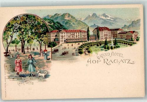 7310 Bad Ragaz Lithographie Lawn Tennis Kind mit Rad Hund