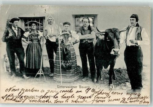 6390 Engelberg 1903 Gebrauchsspuren Unterwaldner Bauern mit Kuh Ort lt. Stempel