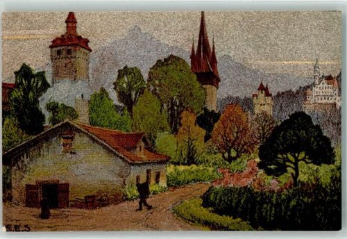 6000 Luzern Lucerne Lithographie / Künstlerkarte Museggtürme m. Gütsch und Pilatus sign. Ernst E. Schlatter