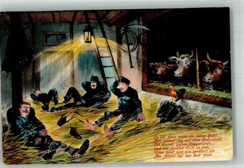 Schlafende Soldaten im Kuhstall Humor Militär Schweiz 1912 Künstlerkarte