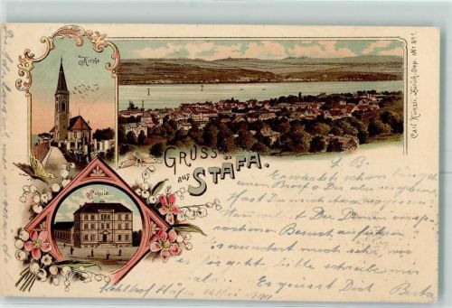 8712 Stäfa 1900 Lithographie Kirche Schule