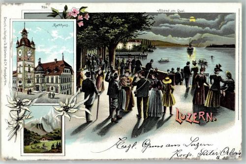 6000 Luzern Lucerne 1903 Lithographie Rathaus Abend am Quai Mondschein