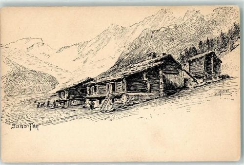 3906 Saas-Fee Künstlerkarte Alphütten sign. Meltzer