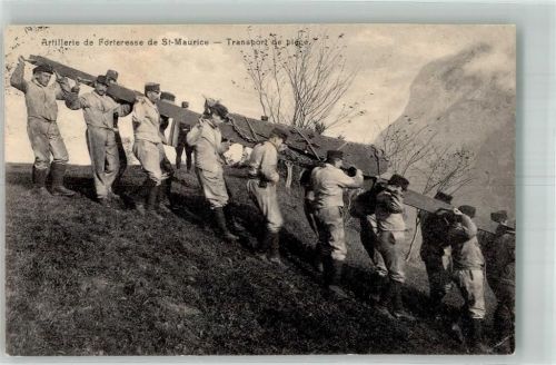 St-Maurice Soldaten transportieren Teile eines Artilleriegeschützes Fotograf Heyraud Feldpost Gr. Ar. Fort. Militär Schweiz