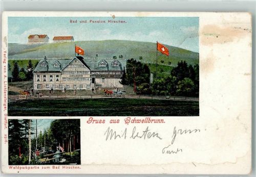 9103 Schwellbrunn 1904 Gebrauchsspuren Bad und Pension Hirschen Waldparkpartie zum Bad Hirschen