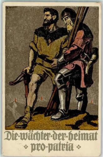 Die Wächter der Heimat Stempel Wallbachschlucht Bundesfeier / Pro Patria Schweiz 1910 Künstlerkarte