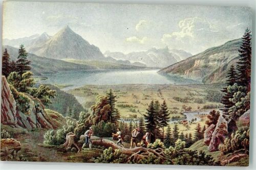 Interlaken Ansicht von Interlaken sign. G. Lory junior Nr. 76 Holzfäller Pro Juventute Schweiz Künstlerkarte